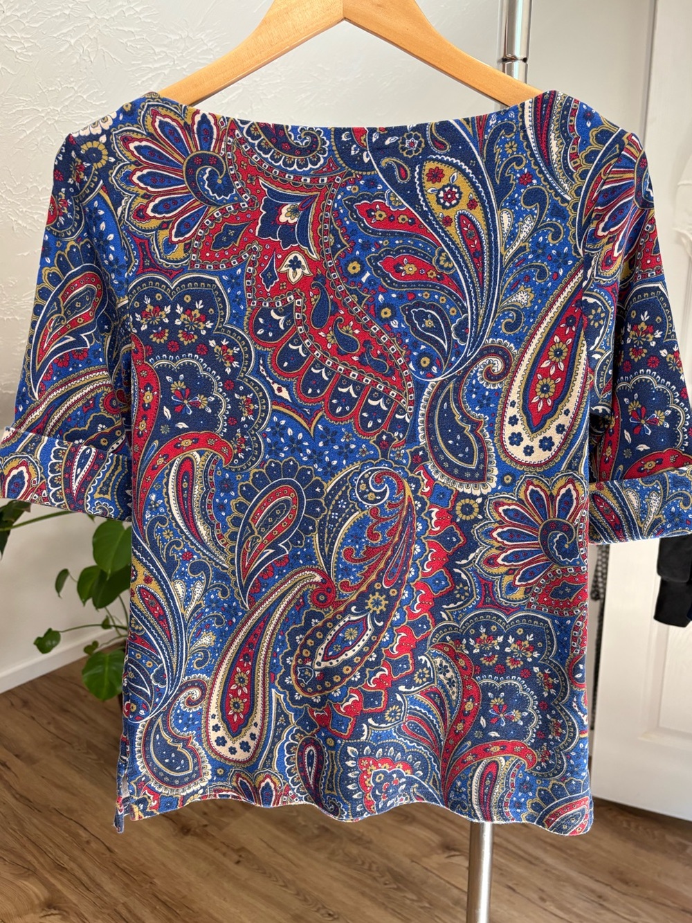 Lauren Ralph Lauren paisley stretch cotton boatneck top, large - Picture 3 of 9